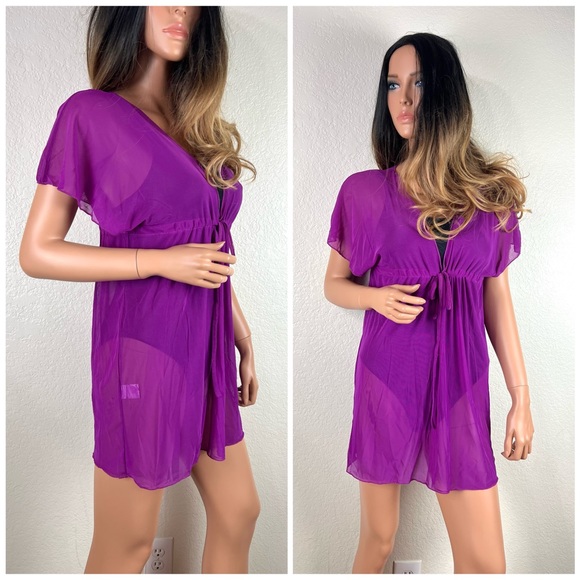 Deep V-neck Bikini Cover Up Plum Purple - Picture 2 of 8